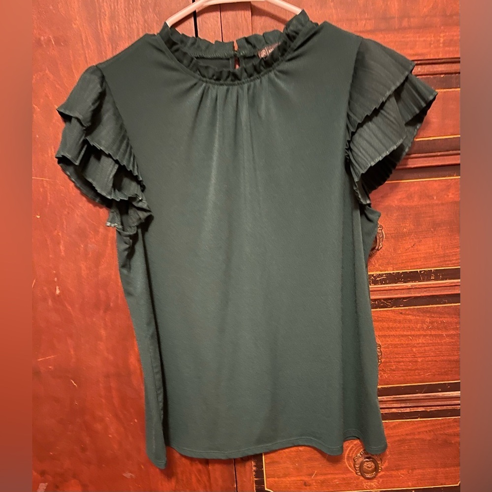 Adrianna Papell Dark Green Ruffle Sleeve Blouse